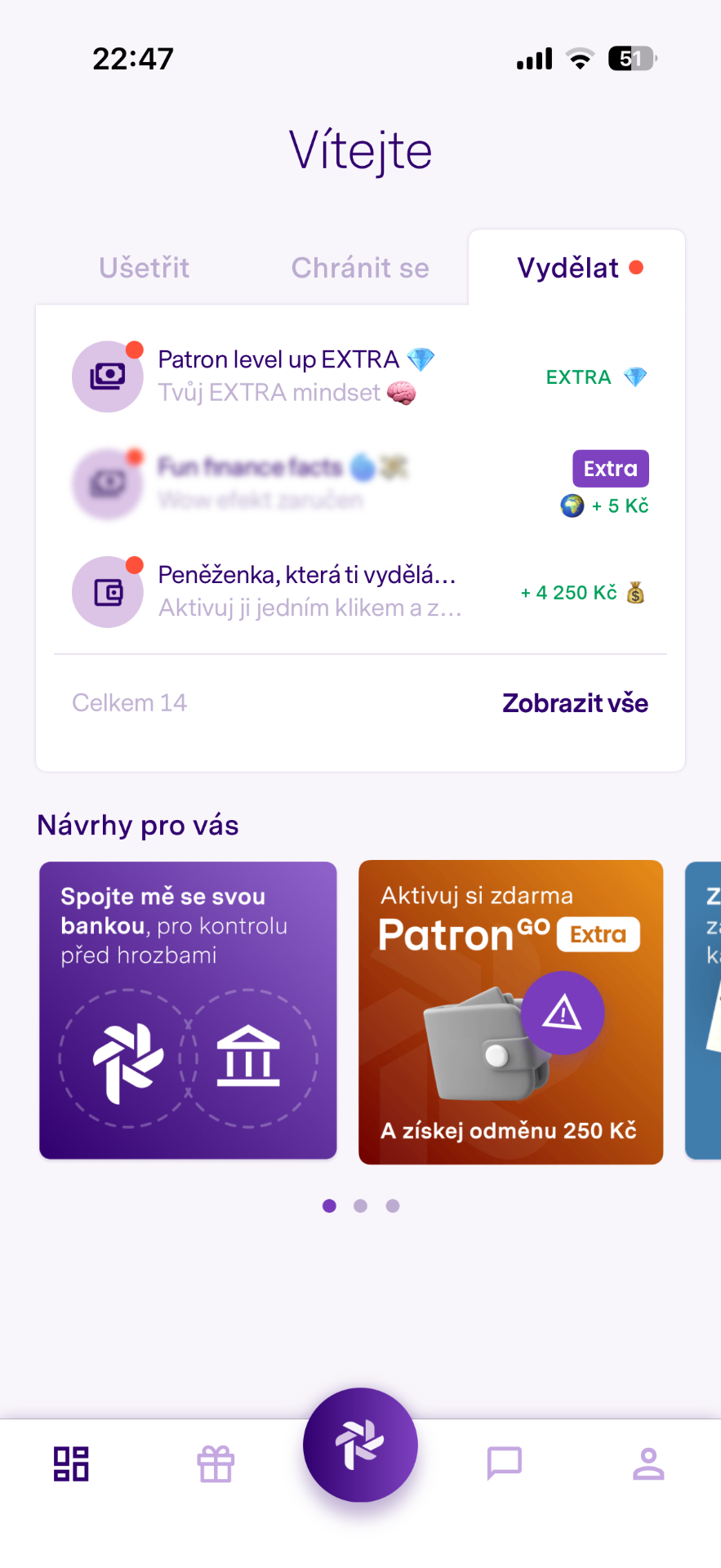 Patron GO mobilní aplikace — obrazovka odměn